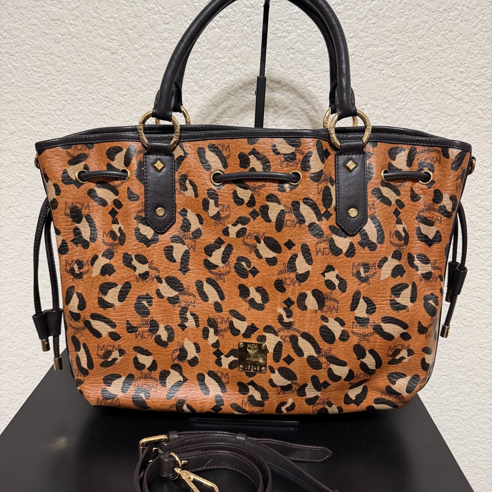 MCM Leopard Print Tote - Black and Tan